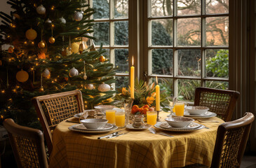 Cozy Holiday Feast, Festive holiday table setting with warm candles and a beautifully decorated Christmas tree, inviting a sense of seasonal celebration