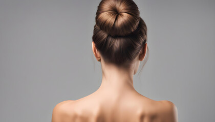 Woman with bun hairstyle on gray background.
