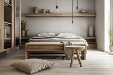 empty wooden desk, shelf, or table with hazy view of contemporary bedroom with bed with bench, closet, mirrors, and decorations