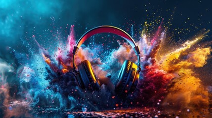 Headphone with vibrant colorful smoke dust splashes concept. AI generated image - obrazy, fototapety, plakaty