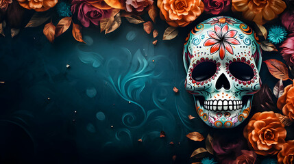 Decorated skull with dark floral border.