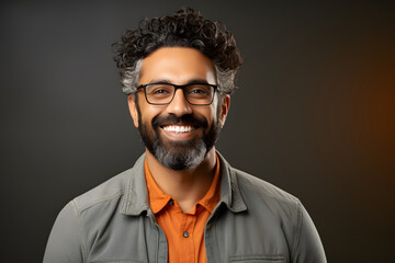 Fototapeta premium Portrait of a successful smiling bearded man in glasses on an dark background