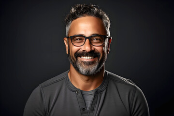 Fototapeta premium Portrait of a successful smiling bearded man in glasses on an dark background
