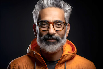 Portrait of a successful smiling bearded man in glasses on an dark background