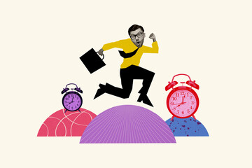 Creative photo image collage running young businessman carry diplomat miss time clock arrangement punctuality white background