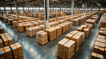 Cardboard boxes arranged in a distribution warehouse factory. AI generated image - obrazy, fototapety, plakaty