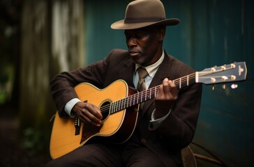 A stylish man strums his acoustic guitar under the sun, his fedora adding to the coolness of his...