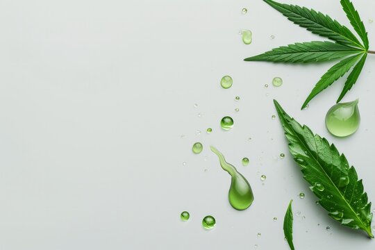 Drop of green cbd gel on white background, macro photography, hard light, cbd leaves on the right on the frame, copy space