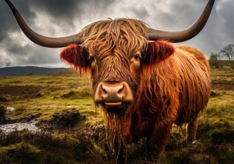 A majestic bovine stands proudly amidst the vast highland landscape, its powerful horns reaching towards the clouds as it grazes peacefully on the lush green grass, a symbol of strength and resilienc