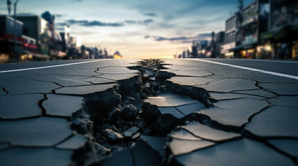 road with a long crack, depicting the effects of an earthquake - obrazy, fototapety, plakaty