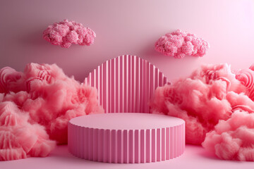 Pastel pink podium for product presentation. 3D product display stand against pastel pink backdrop. Product display or product presentation in pink tones