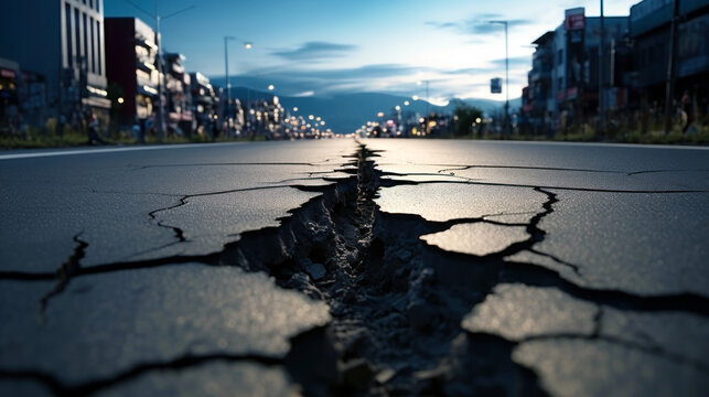 road with a long crack, depicting the effects of an earthquake