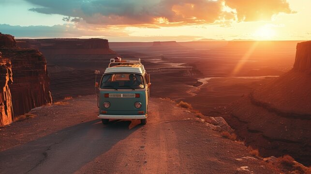 Vintage van travel at sunset view for travel holiday concept. AI generated image