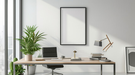 Frame mockup. Home Office wall poster mockup. Interior mockup with office background. Modern interior design, Generative Ai.