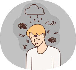 Depressed man crying due to bad weather and regular stress needs support of friends or help of psychotherapist. Pessimistic guy crying feels mood swings during rain