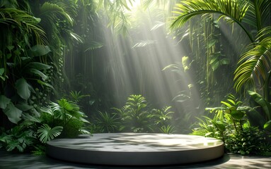 Podium display for product presentation with tropical jungle and incredible sunlight