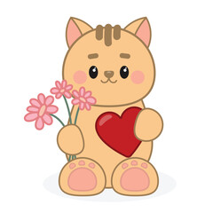 cute cartoon cat with a heart and flowers in hands
