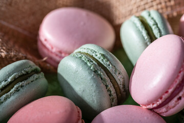 Close up colorful macarons dessert with vintage pastel tones on green paper background.
