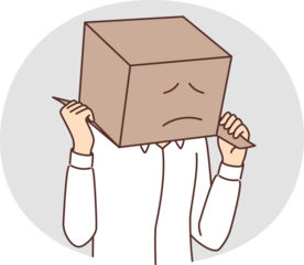 Man with cardboard box on head with painted sad face. Sad guy in white shirt hides head behind parcel for concept of problems with courier company or delivery service