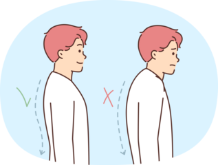 Man demonstrates correct and incorrect posture or hidden spine that negatively affects health. Tick and cross next to posture of guy suffering from osteochondrosis after injury