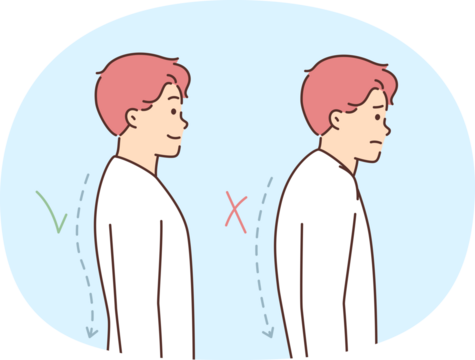 Man demonstrates correct and incorrect posture or hidden spine that negatively affects health. Tick and cross next to posture of guy suffering from osteochondrosis after injury