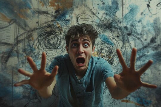Collage image picture of afraid man asking and screaming for help him isolated on drawing background