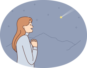 Dreaming woman with palms clasped in front of chest looks at shooting star and makes wish. Casual girl watching starfall while making wish to go to college or university