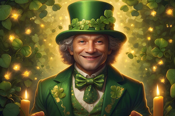 Leprechaun in a green forest jungle with shamrock in background st. patrick's day wallpaper