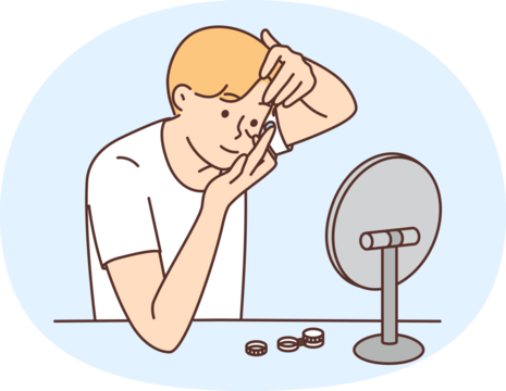 Man looks in mirror and inserts contact lenses to improve vision or change eye color. Young guy uses lenses for vision correction before going to work or college