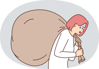 Tired girl with big bag behind back suffers from very heavy load due to overestimation own strength. Concept trying to complete task that is too difficult after reassessing skills