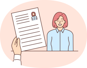 Resume girl applying for vacancy in company in recruiters hand. Woman with resume is interviewing,wanting to get new job and get good high-paying position