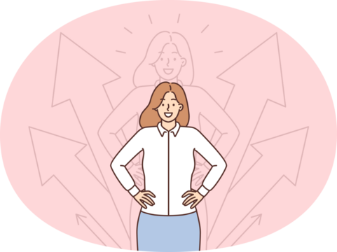 Purposeful woman in business clothes keeps hands on belt standing near arrows pointing up. Successful girl working as manager is proud of growth of company business indicators