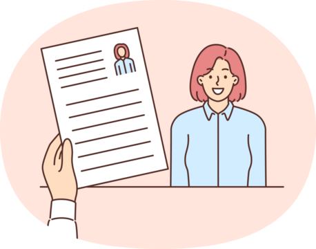 Resume girl applying for vacancy in company in recruiters hand. Woman with resume is interviewing,wanting to get new job and get good high-paying position
