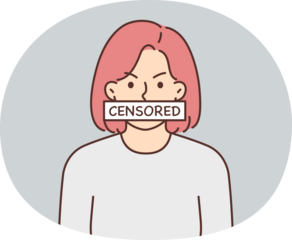 Angry woman with censored sign covering mouth symbolizes violation democracy and lack freedom speech. Girl exposes herself to censored to be tolerant and not offend others