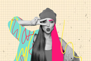 Collage picture image of funky stylish girl in trendy clothes showing v-sign send kiss isolated on...