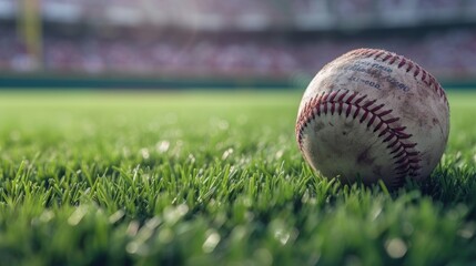 Close up baseball ball sport on grass with blur background. AI generated image - obrazy, fototapety, plakaty