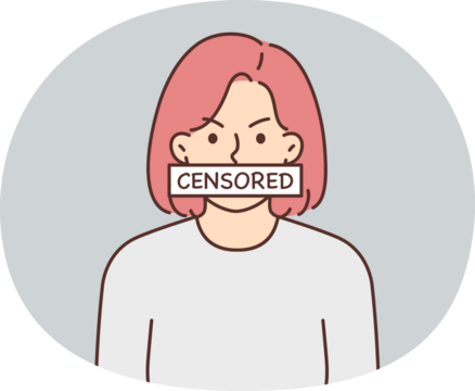 Angry woman with censored sign covering mouth symbolizes violation democracy and lack freedom speech. Girl exposes herself to censored to be tolerant and not offend others