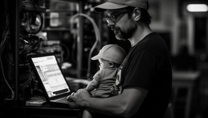 A father working on a laptop with a baby in his lap