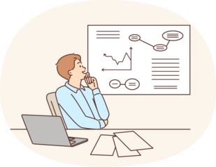 Man corporate manager happily looking at growing charts of increasing profits. Guy manager is sitting at table with laptop studying business data on increase in number of customers