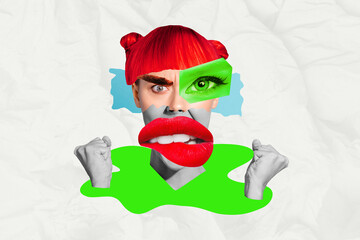 Collage picture artwork of aggressive angry irritated girl showing hands fists fight battle isolated on creative background