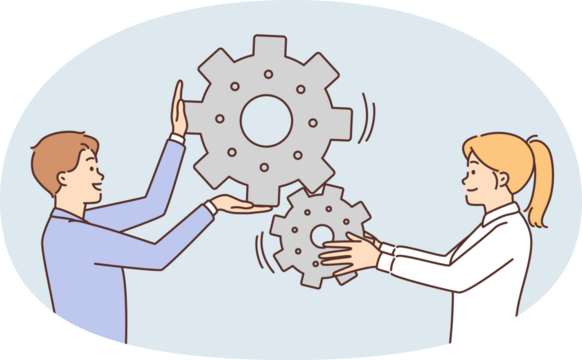 Man and woman move gears together symbolizing industrial process and launch manufacturing business. Guy and girl managers of industrial company together control work of project