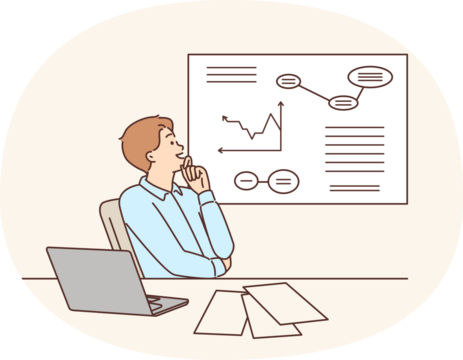 Man corporate manager happily looking at growing charts of increasing profits. Guy manager is sitting at table with laptop studying business data on increase in number of customers