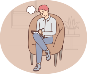 Guy sits in cozy chair and makes notes in notebook making plans for day. Adult man drawing sitting alone enjoying creative process or coming up with plans for weekend