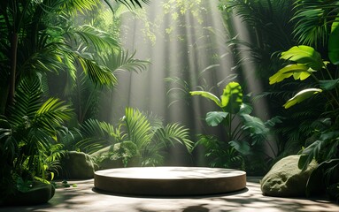 Podium display for product presentation with tropical jungle and incredible sunlight