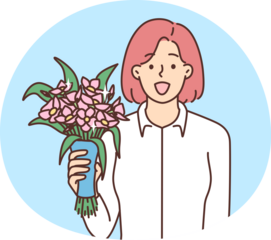 Smiling young woman holding bouquet in hands greeting with birthday or anniversary. Happy female with flowers congratulate with special occasion.