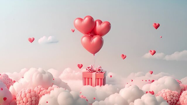 Valentine's day design. Realistic 3d pink gifts box in the clouds. Holiday banner, web poster, flyer, stylish brochure, greeting card, cover. Romantic background pastel background Copy space Happy Val