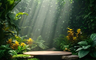 Podium display for product presentation with tropical jungle and incredible sunlight