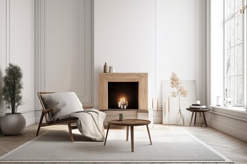 mock up of an empty wall in a Scandinavian room with a fireplace. Interior decor that is minimal