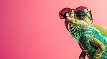 Chameleon wearing glasses on a solid color with copy space background. AI generated image
