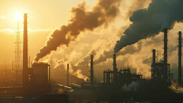 industrial factory, with smoke billowing from its chimneys. video 4k